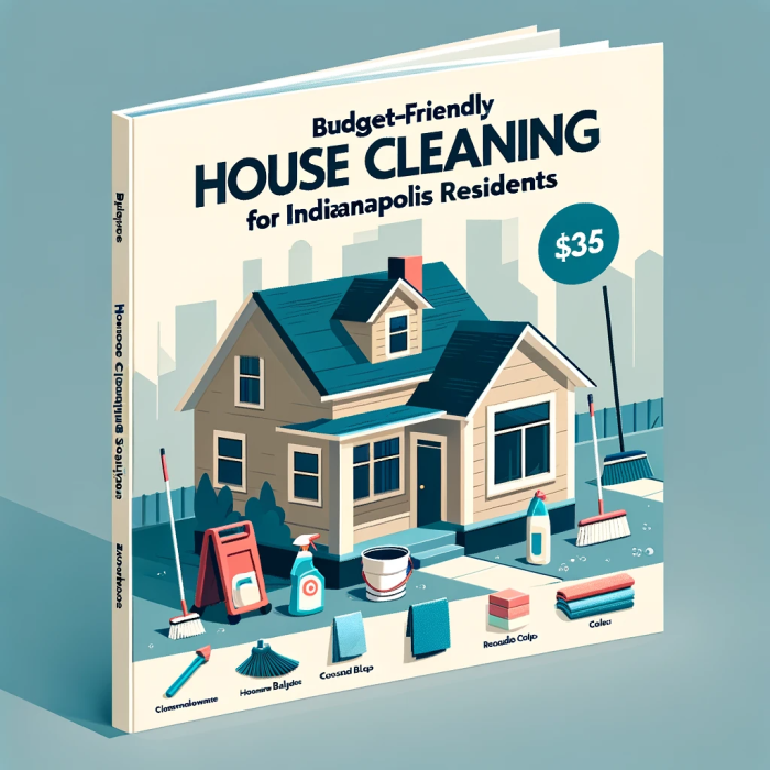Cover image of 'Budget-Friendly House Cleaning Solutions' guide, featuring a modest Indianapolis home with homemade cleaning agents and affordable tools.