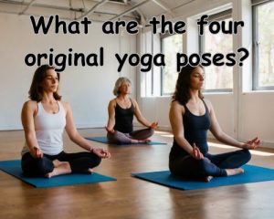 three women doing same yoga pose in a studio